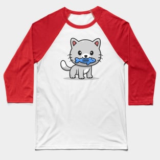 Cute Cat Bites Fish Baseball T-Shirt